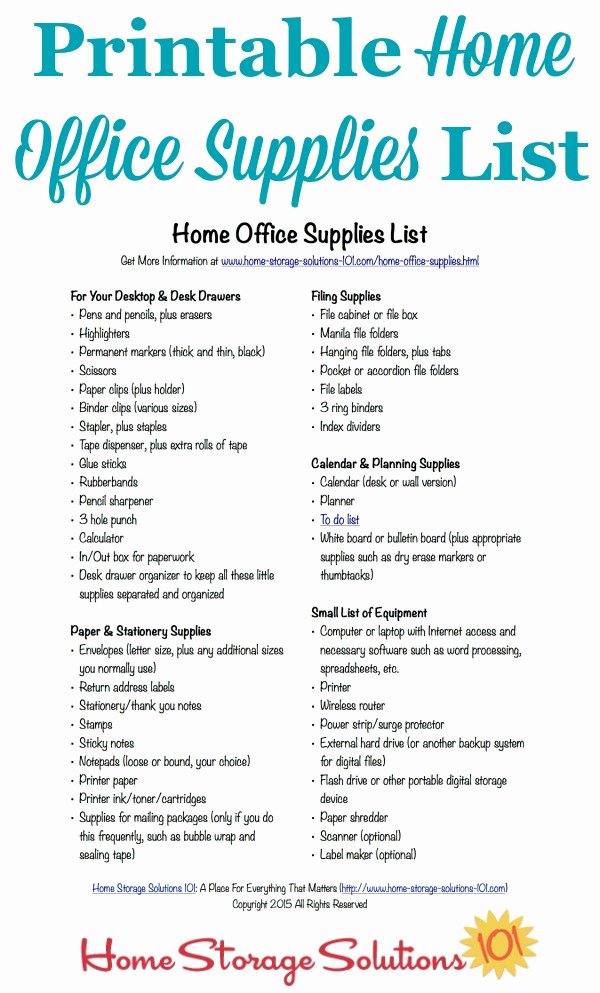 Free Printable Home Fice Supplies List