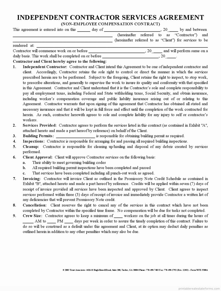 Free Printable Independent Contractor Agreement form
