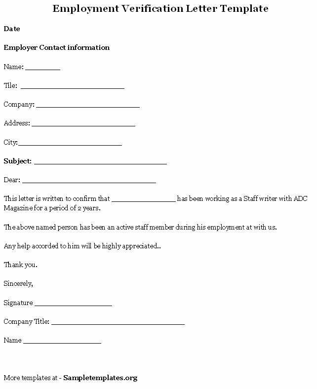 Free Printable Letter Employment Verification form