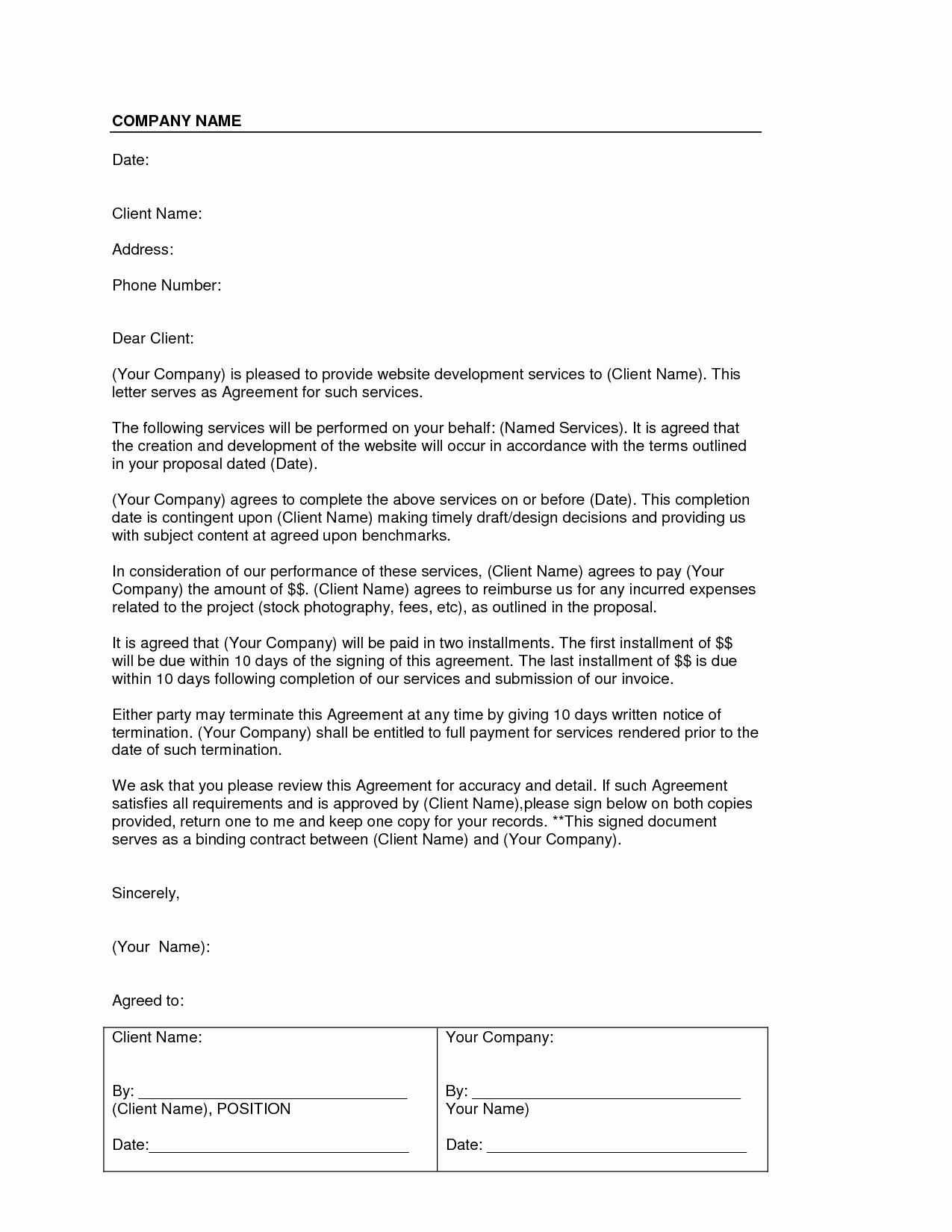 Free Printable Letter Of Agreement form Generic