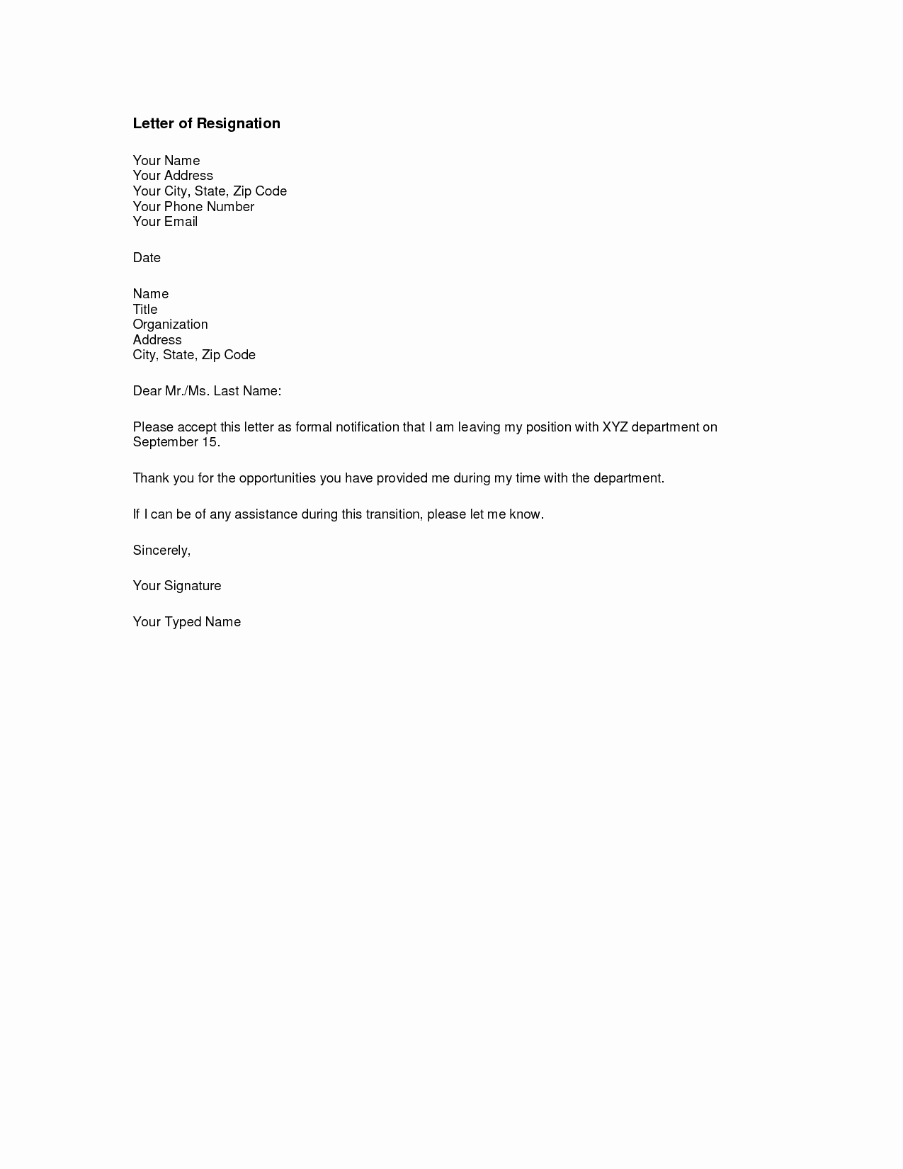Free Printable Letter Of Resignation form Generic