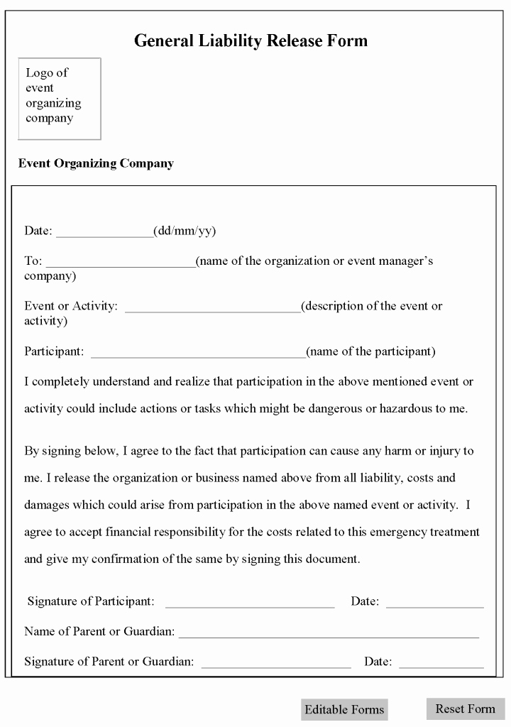 Free Printable Liability Release form Sample form Generic