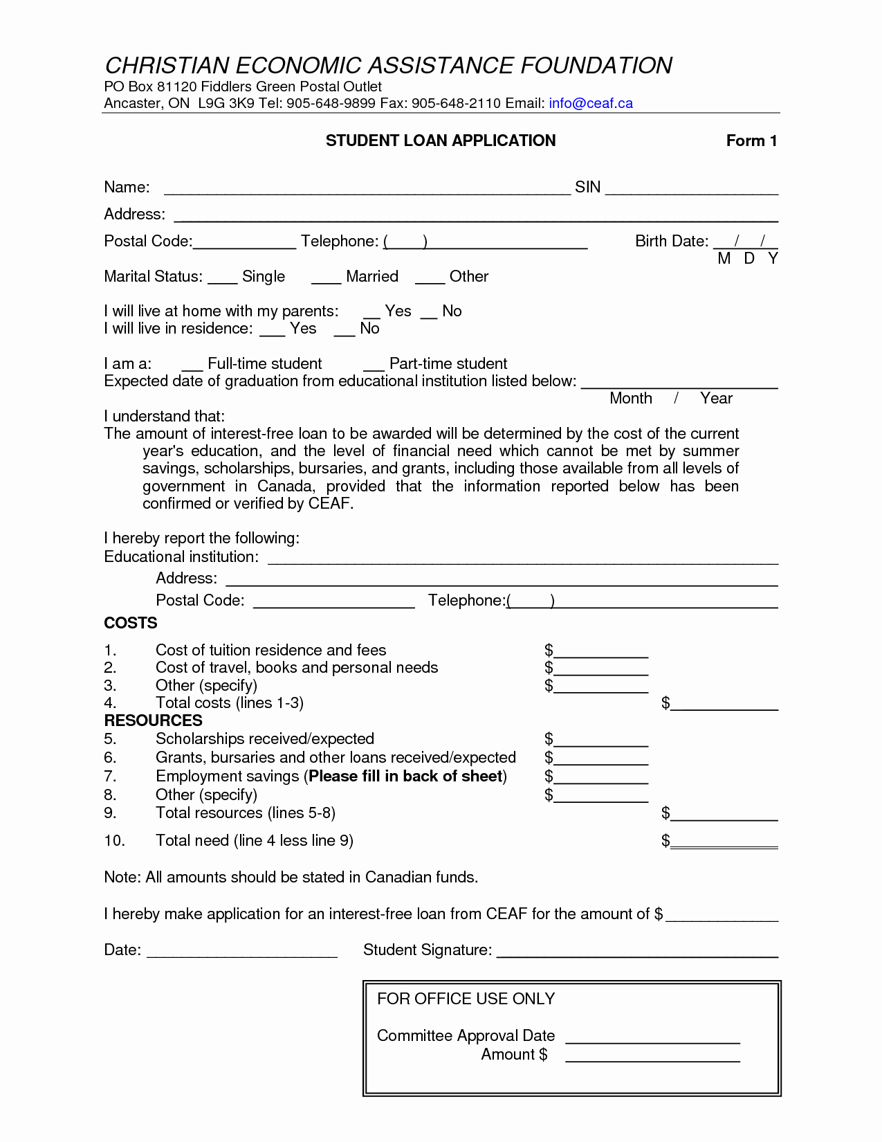 Free Printable Loan Template form Generic