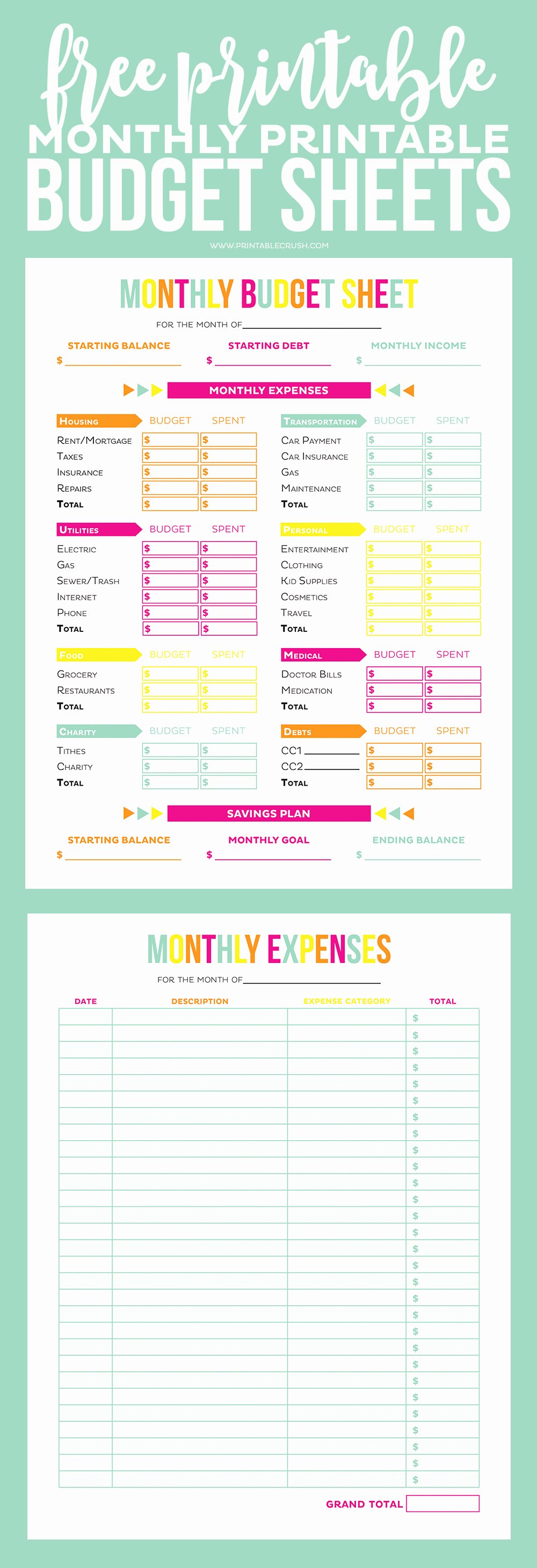 Free Printable Monthly Bud Sheets Printable Monthly