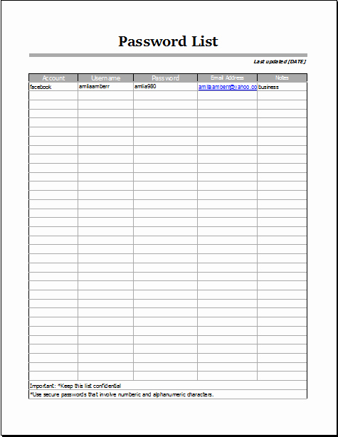 free printable password list template