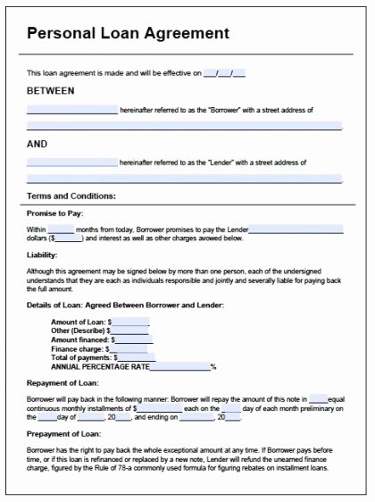 Free Printable Personal Loan Agreement form Generic