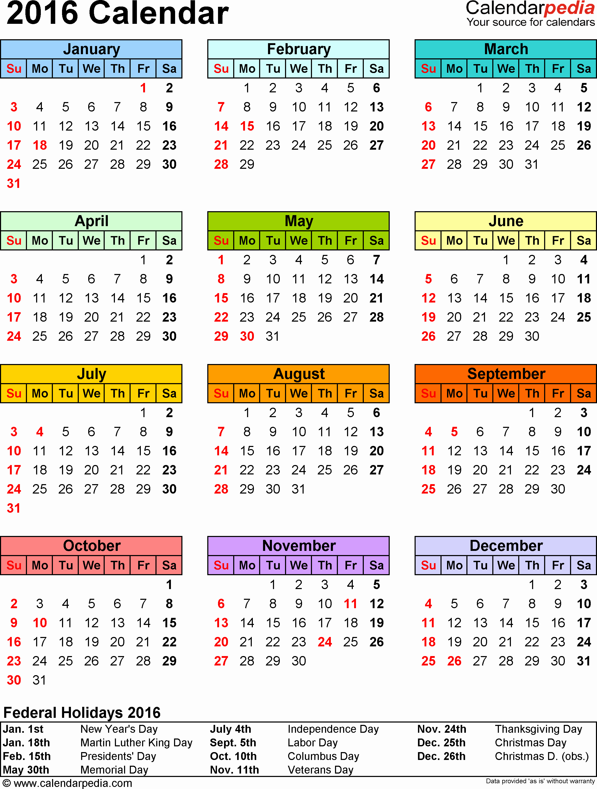 Free Printable Pocket Monthly Calendar 2016