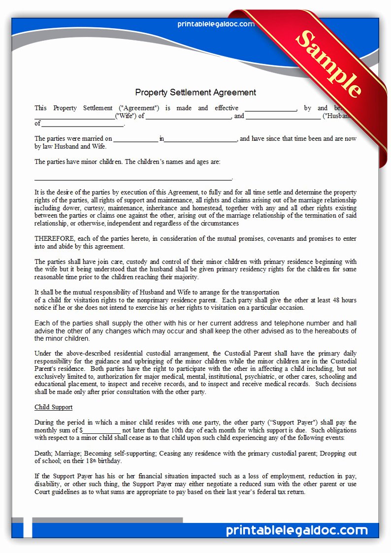 Free Printable Property Settlement Agreement form Generic