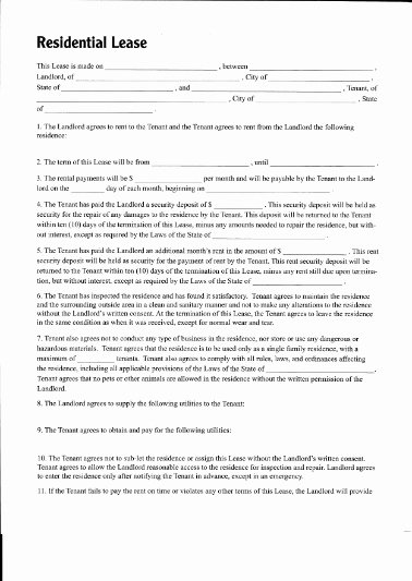 Free Printable Residential Lease form Generic