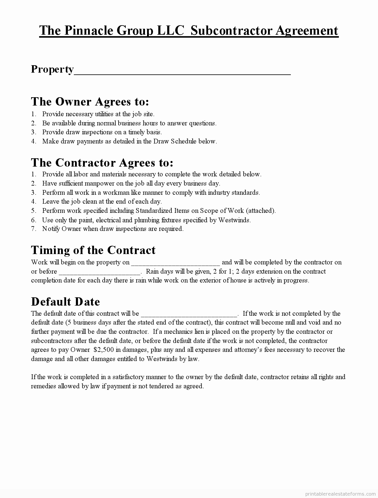 Free Printable Subcontractor Agreement form