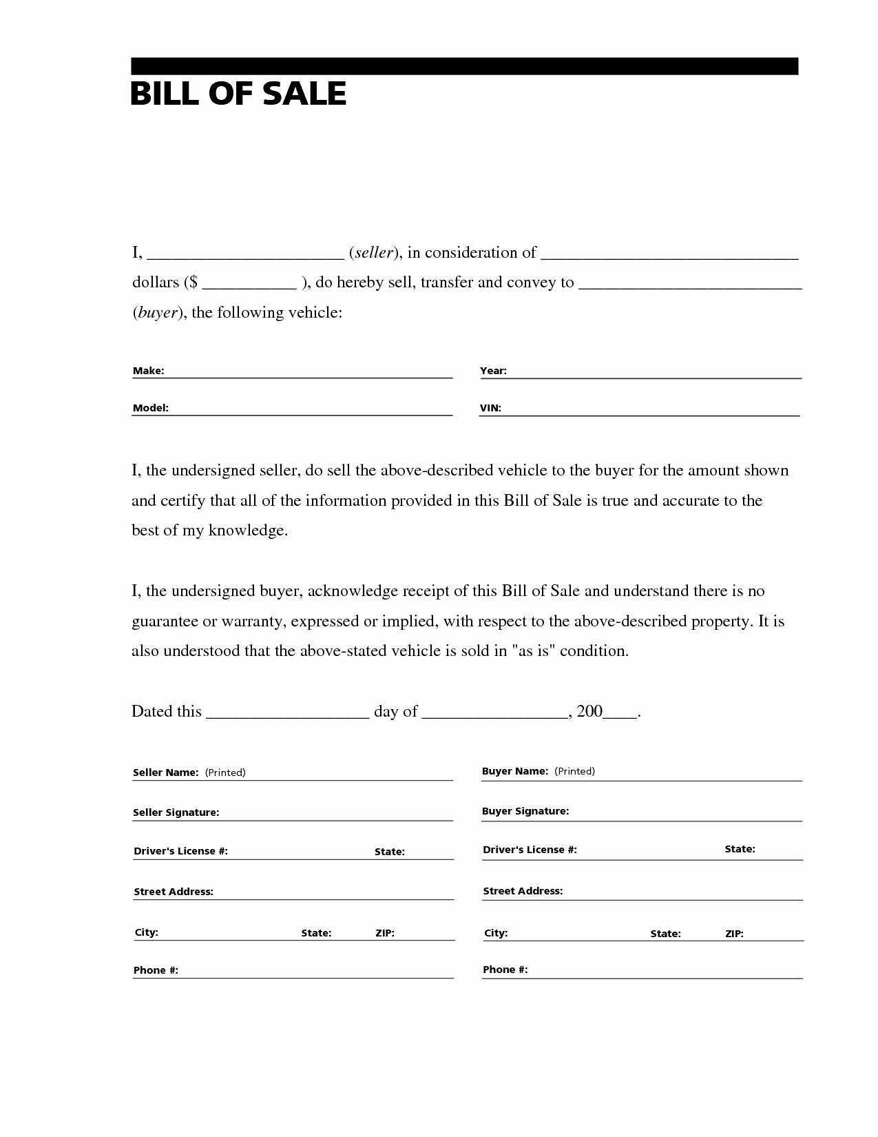 Free Printable Vehicle Bill Of Sale Template form Generic