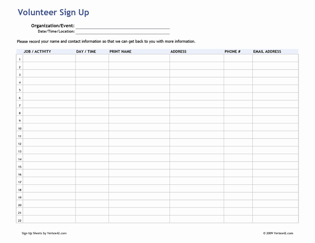 Free Printable Volunteer Sign Up Sheet Pdf From Vertex42