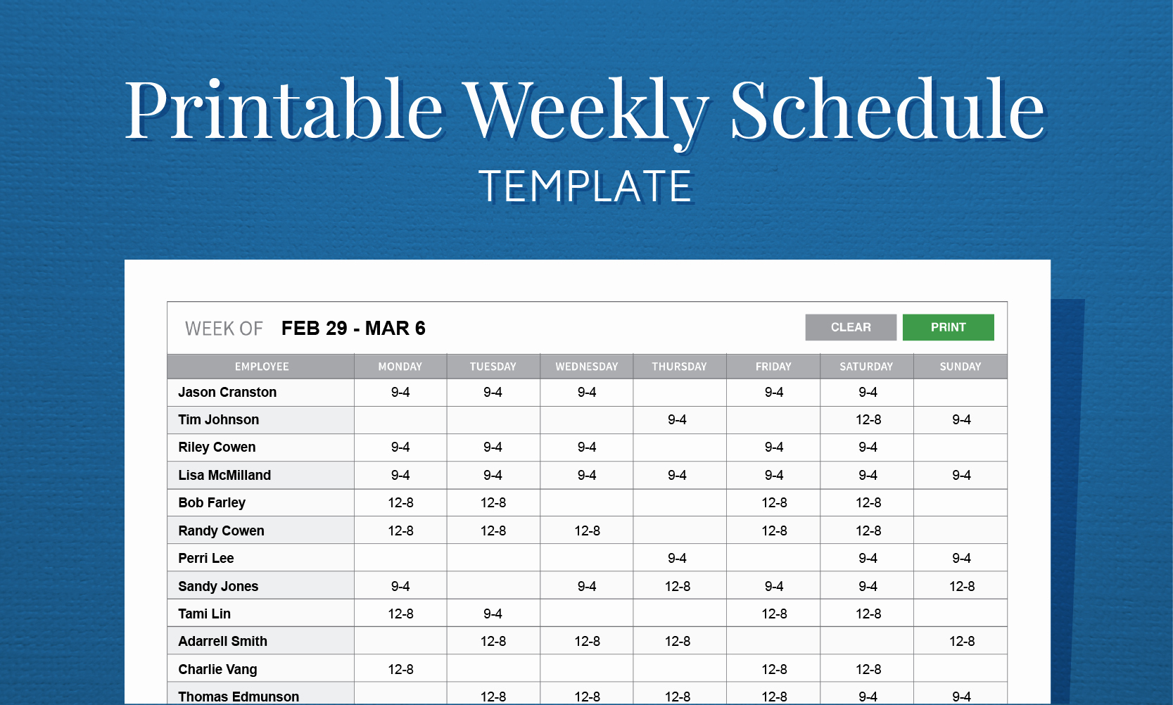 Free Printable Weekly Work Schedule Template for Employee