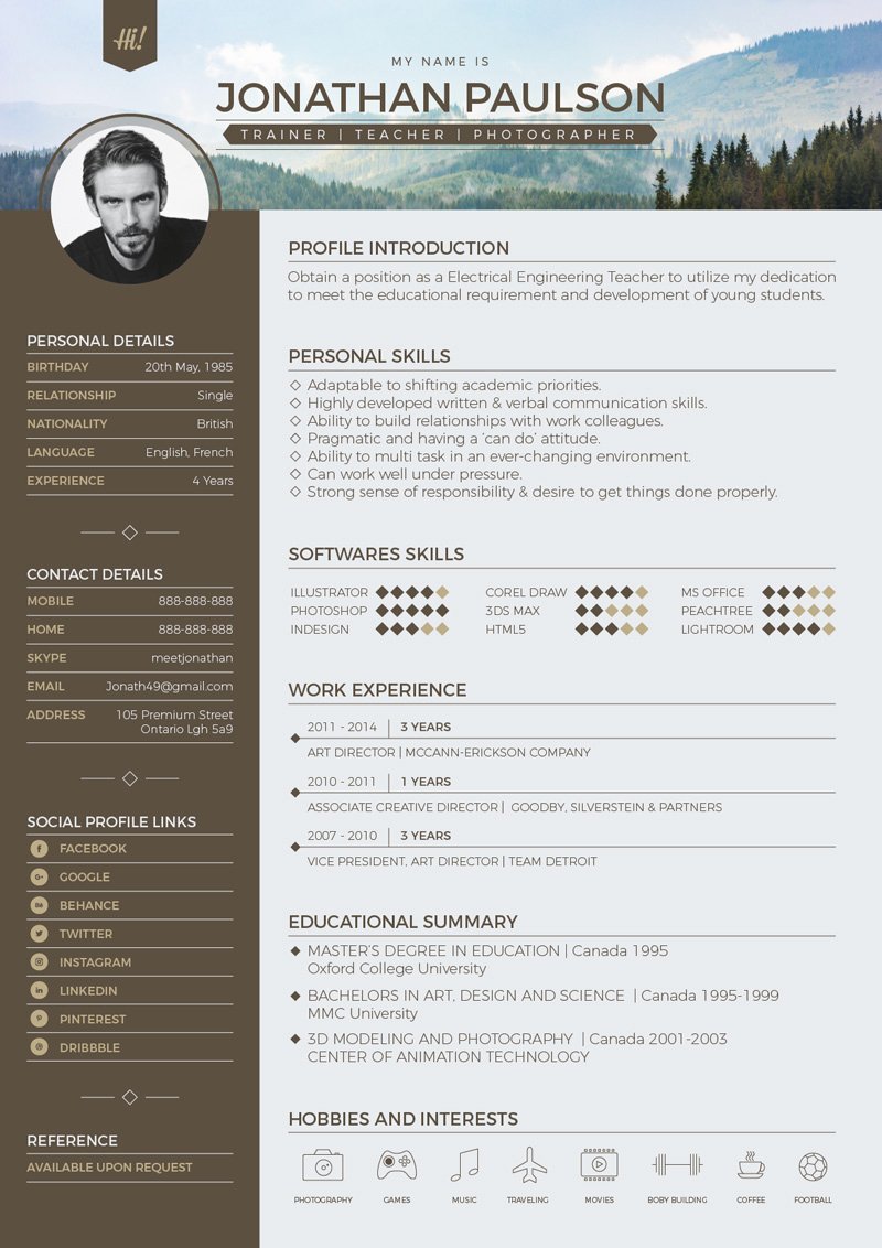 Free Professional Modern Resume Cv Portfolio Page