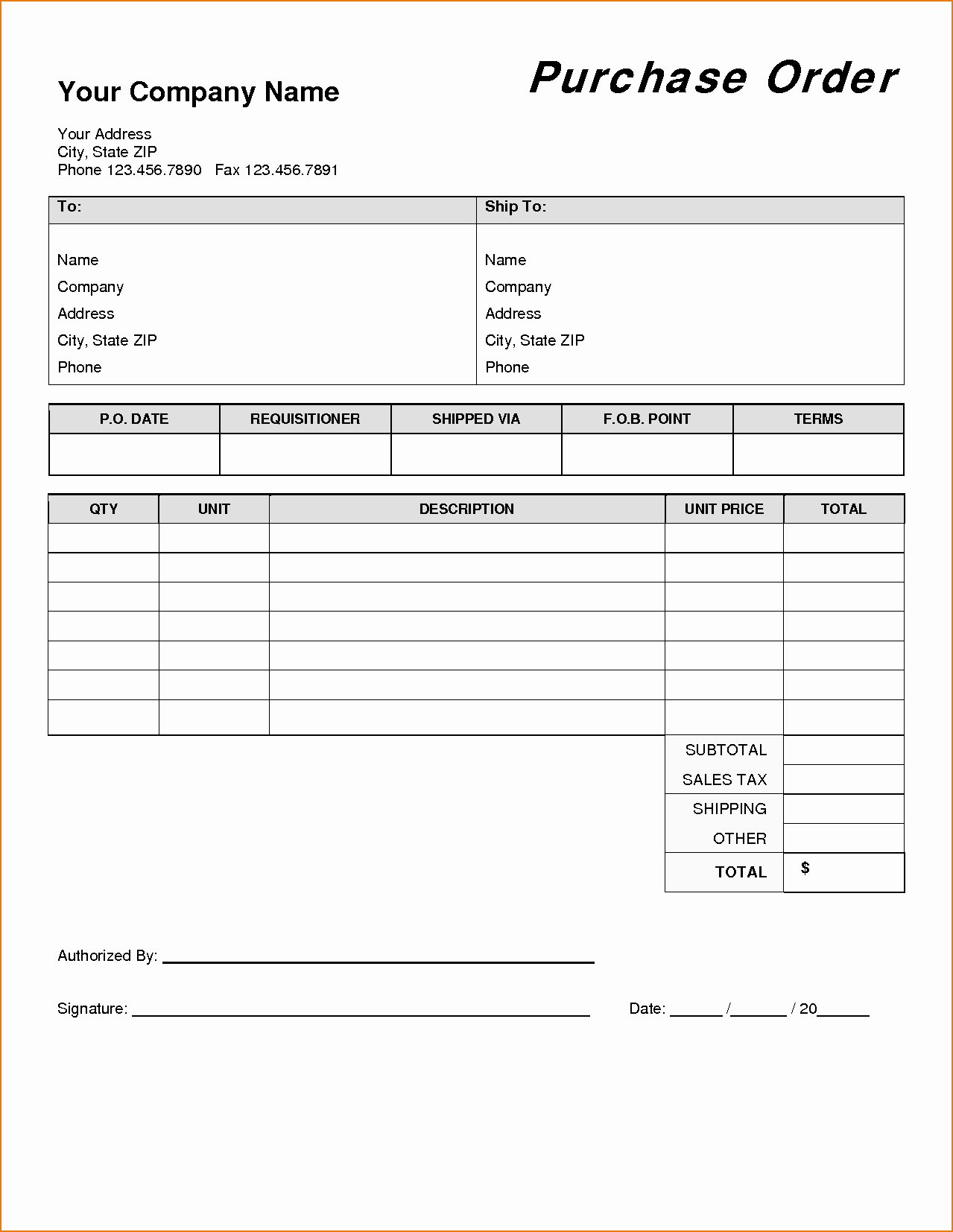 Free Purchase Order Template Word