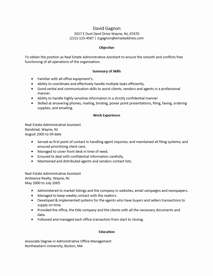 Free Real Estate Administrative assistant Resume Template