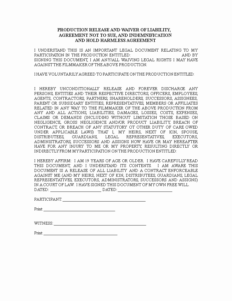 Free Release Of Liability Waiver form