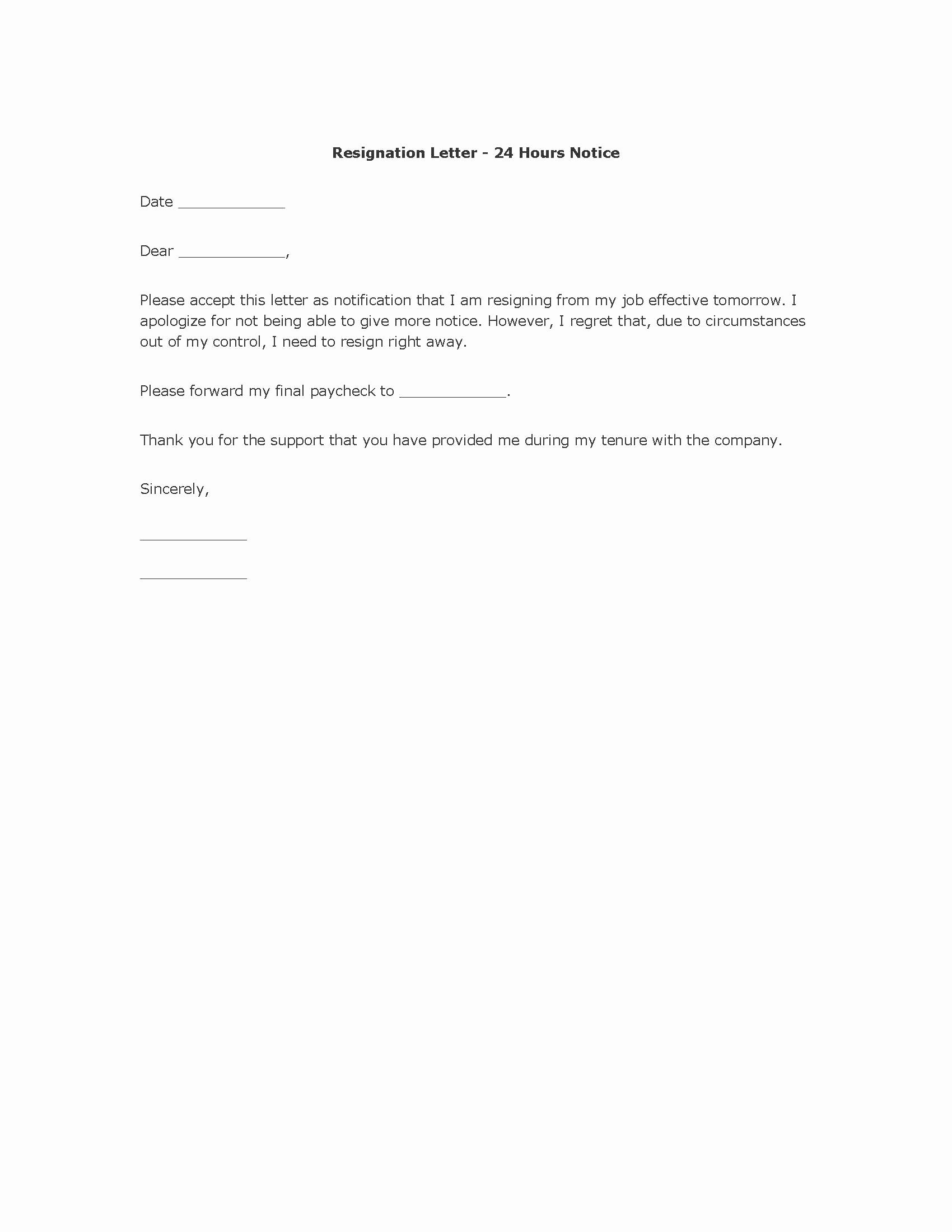 Free Resignation Letter Template 24 Hour Notice