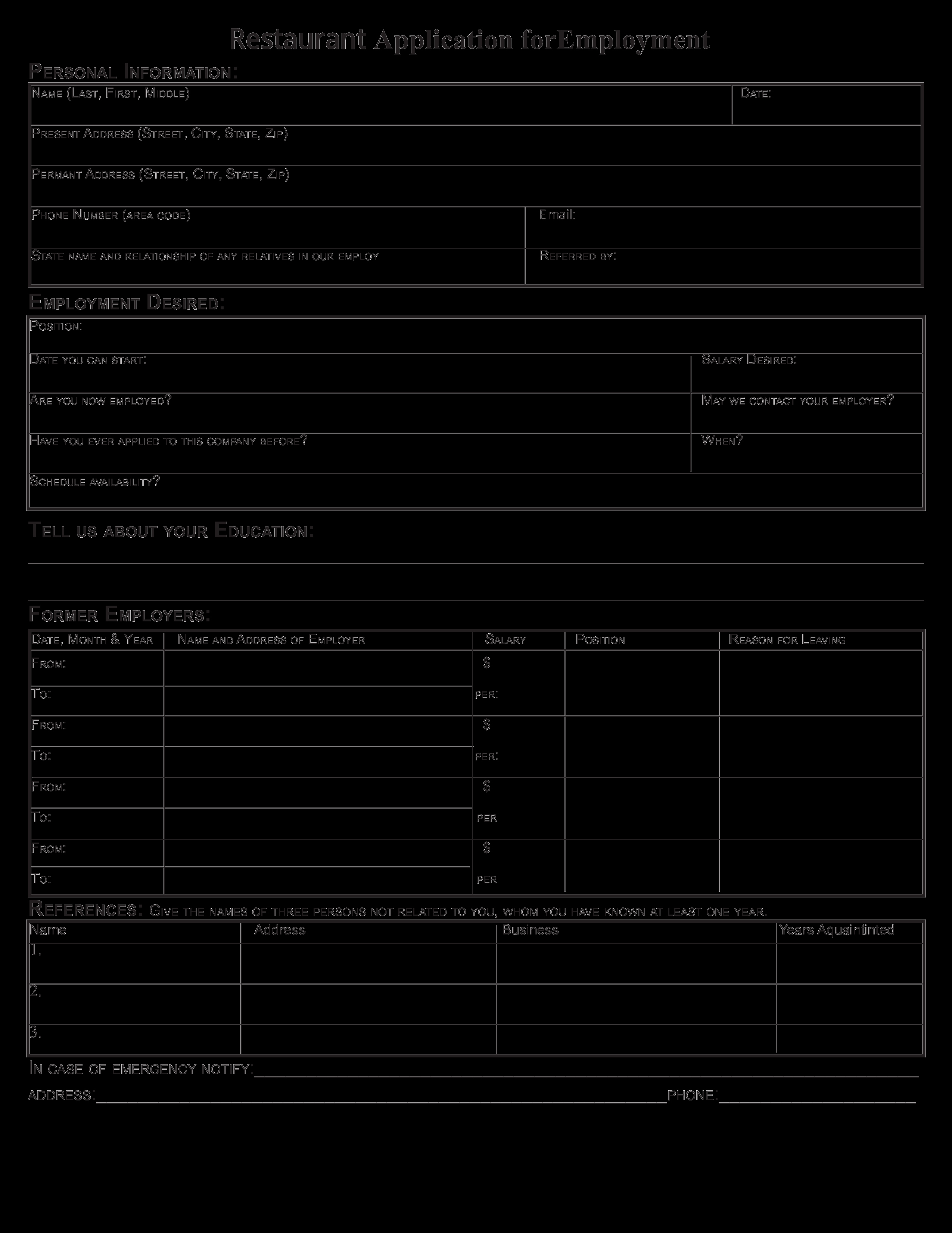 Free Restaurant Job Application form