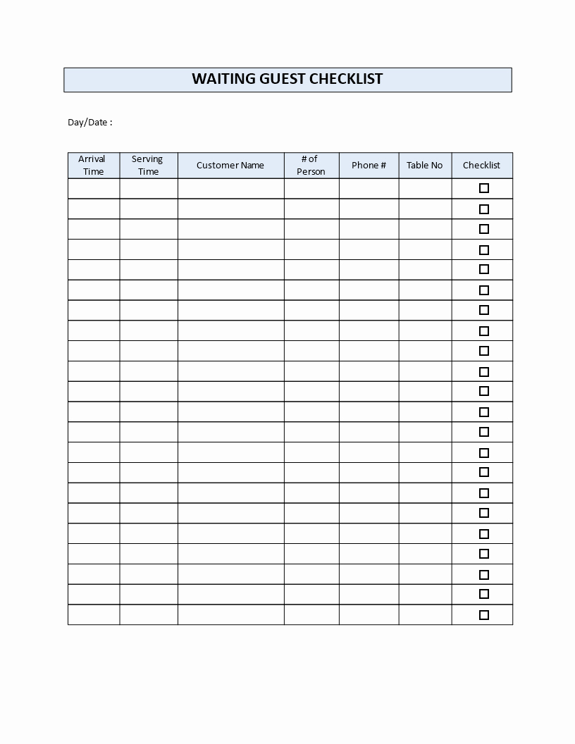 Restaurant Waiting List Template