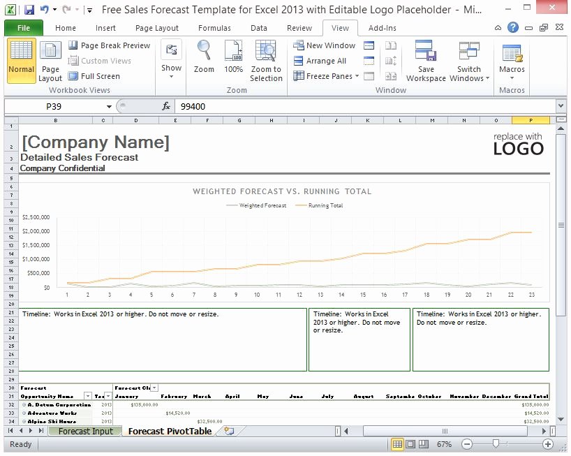 Free Sales forecast Template for Excel 2013 with Editable Logo