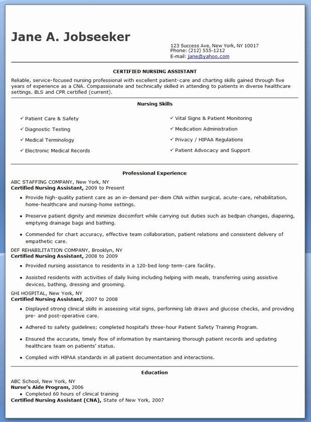 Free Sample Certified Nursing assistant Resume