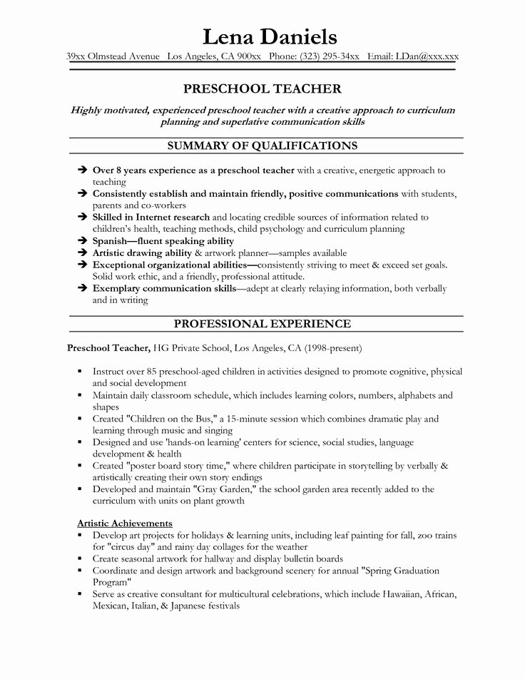 Free Sample Preschool Teacher Resume