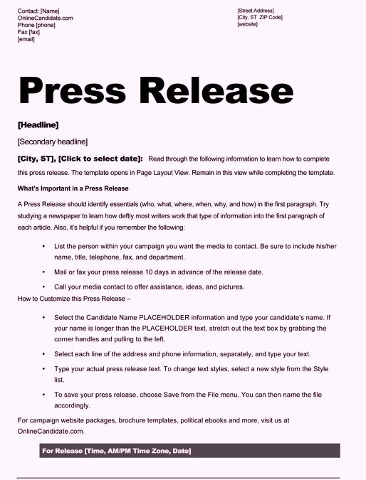 Free Sample Press Release Template Word