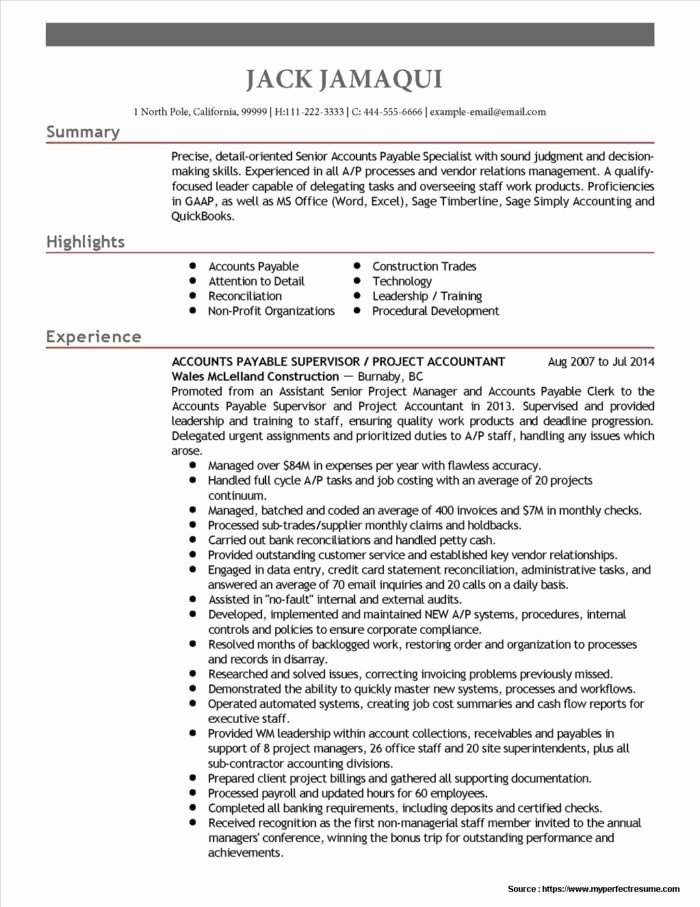 Free Sample Resume for Accounts Payable Specialist