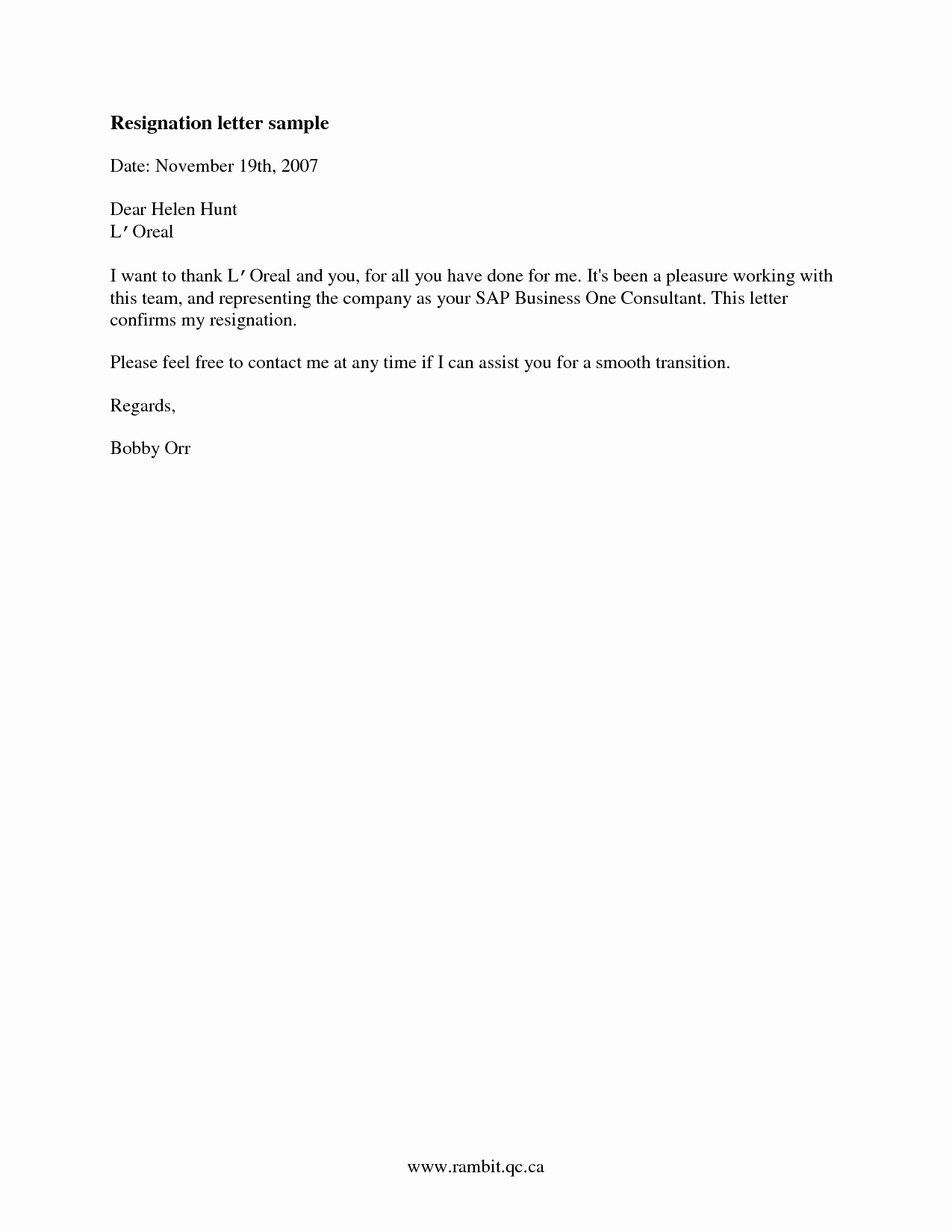 Free Short Notice Resignation Letter Example