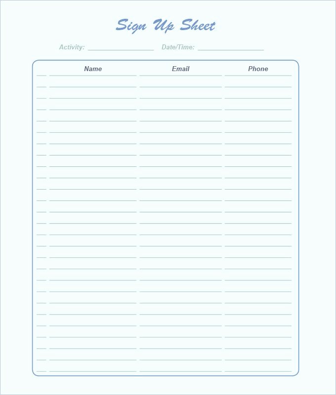 Free Sign Up Sheet Template Word Excel