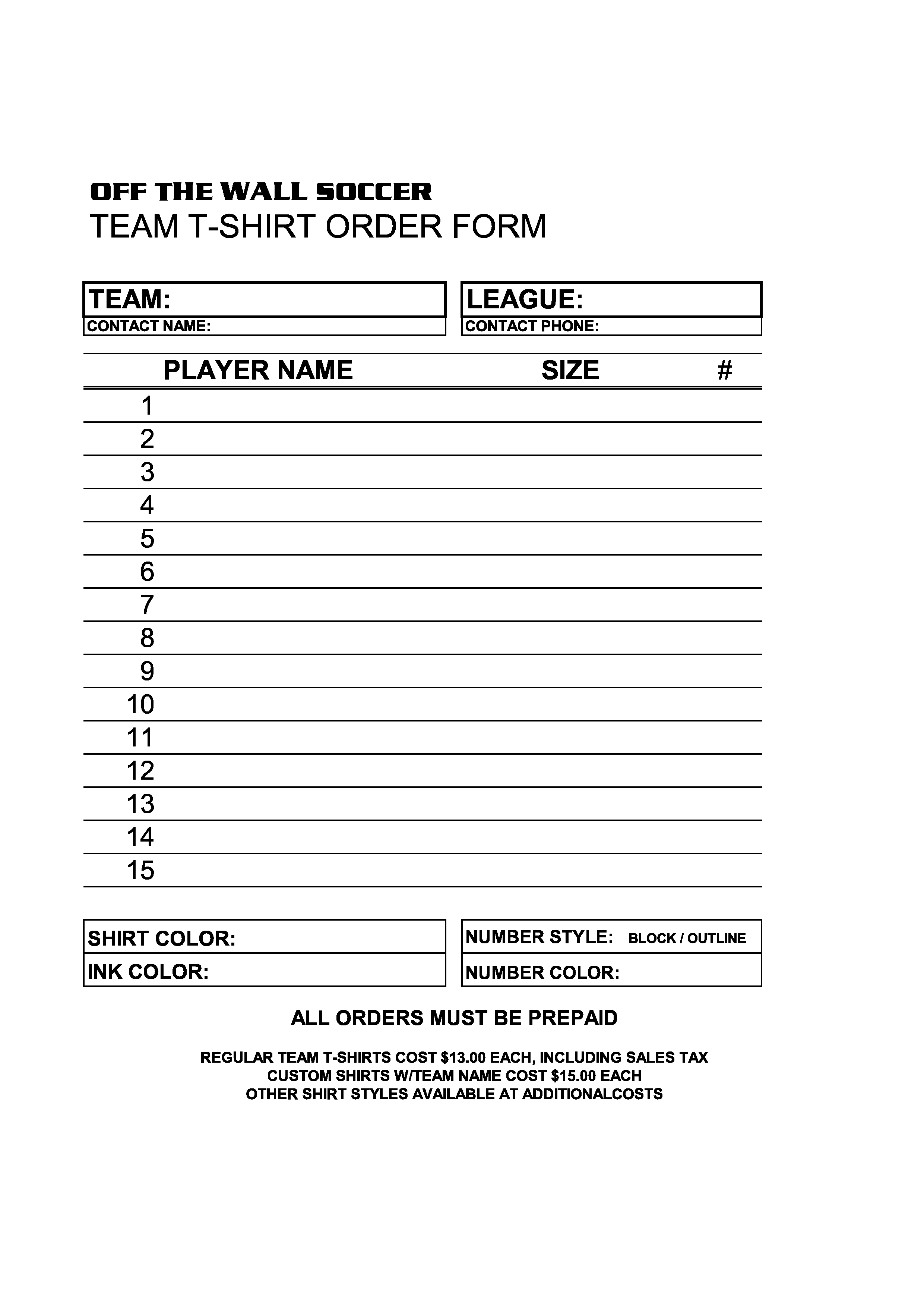 Free soccer Team T Shirt order form Template