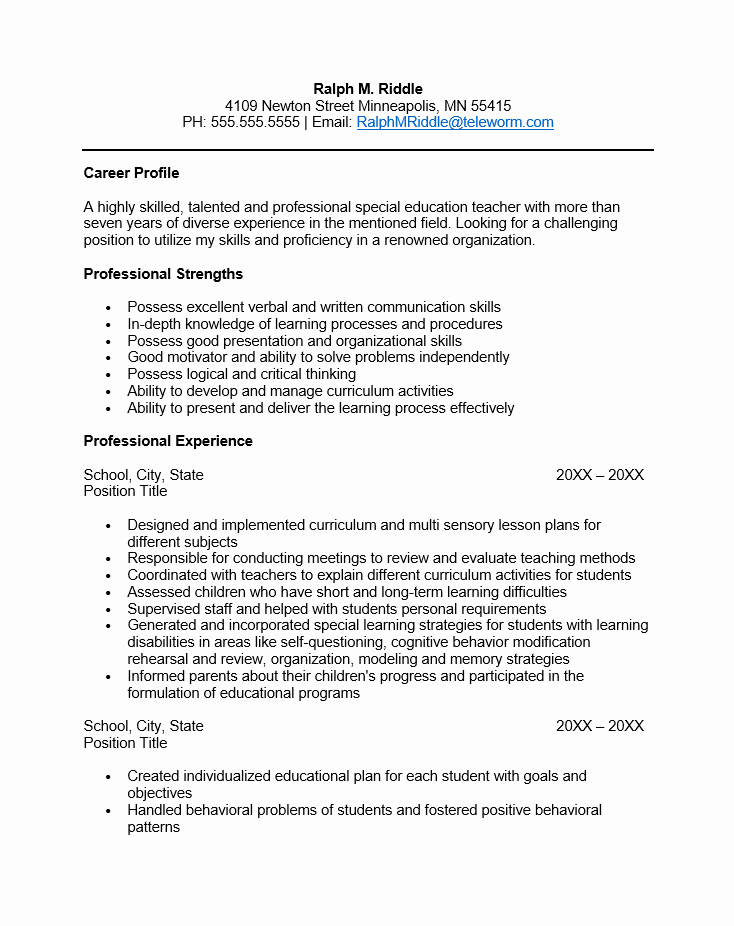 Free Special Education Teacher Resume Template