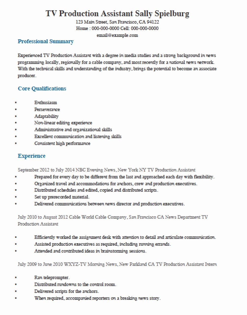 Free Television Tv Production assistant Resume Template