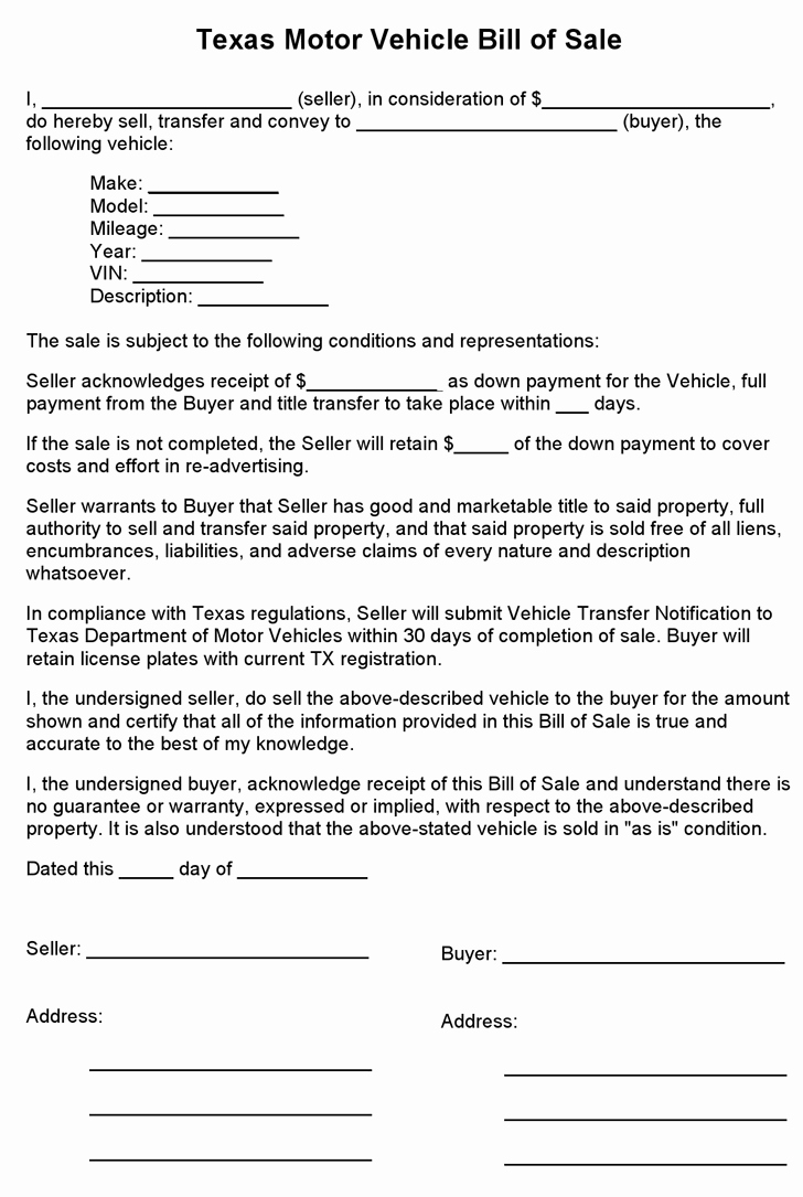 Free Texas Motor Vehicle Bill Sale form Pdf 1 Pages