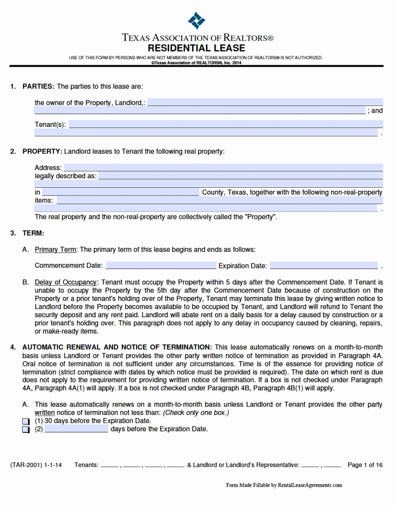 Free Texas Standard Residential Lease Agreement Template