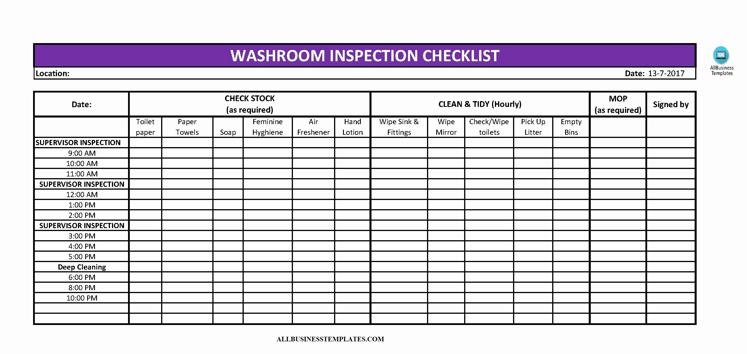 Free toilet Cleaning Checklist Excel