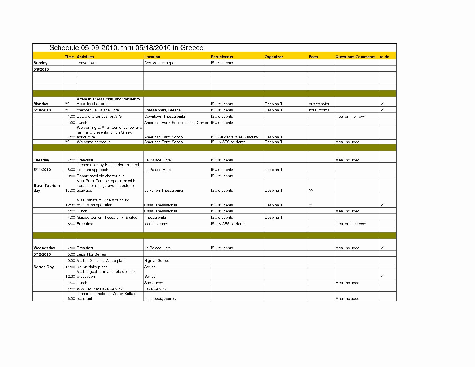 Free Travel Itinerary Template Excel