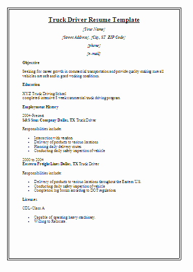 Free Truck Driver Resume format