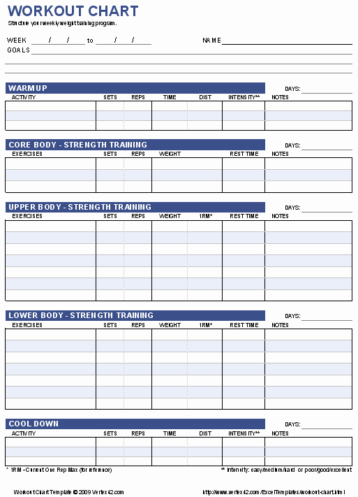 Free Workout Chart Template Fitness