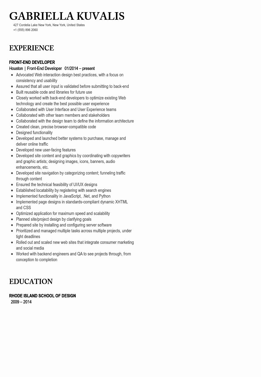 Front End Developer Resume Sample