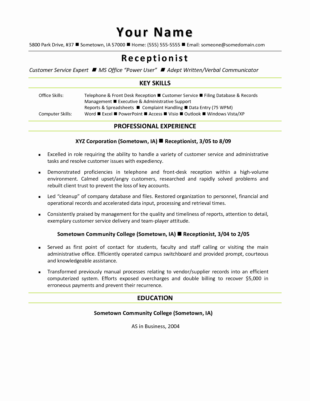 receptionist desk resume