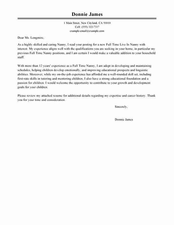 Full Time Nanny Cover Letter Examples