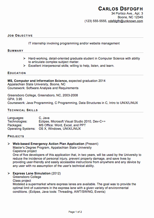 functional resume sample it internship