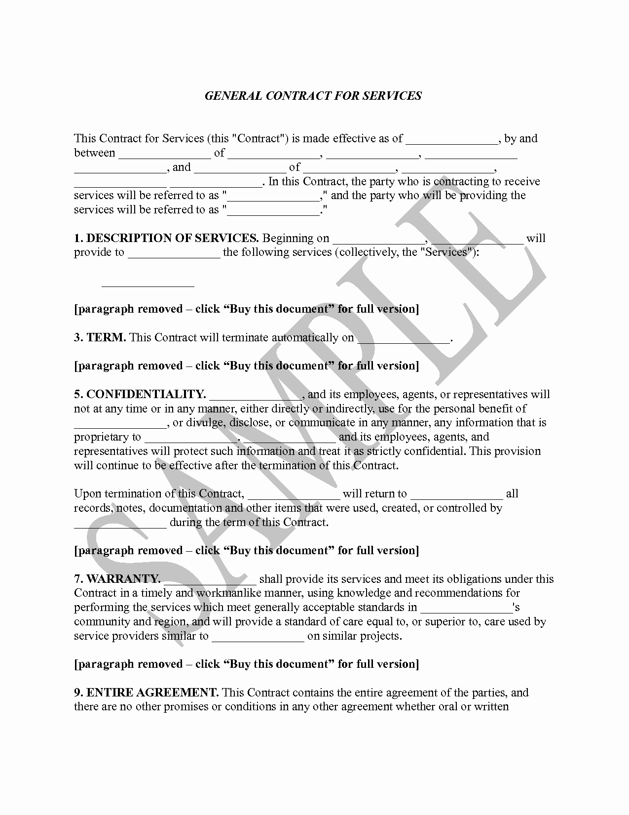 General Contract for Services Template Free Printable