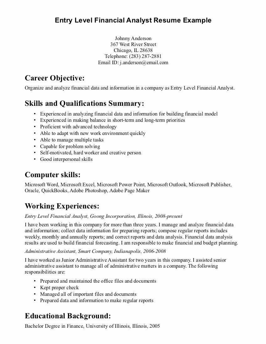 General Entry Level Resume Objective Examples Career