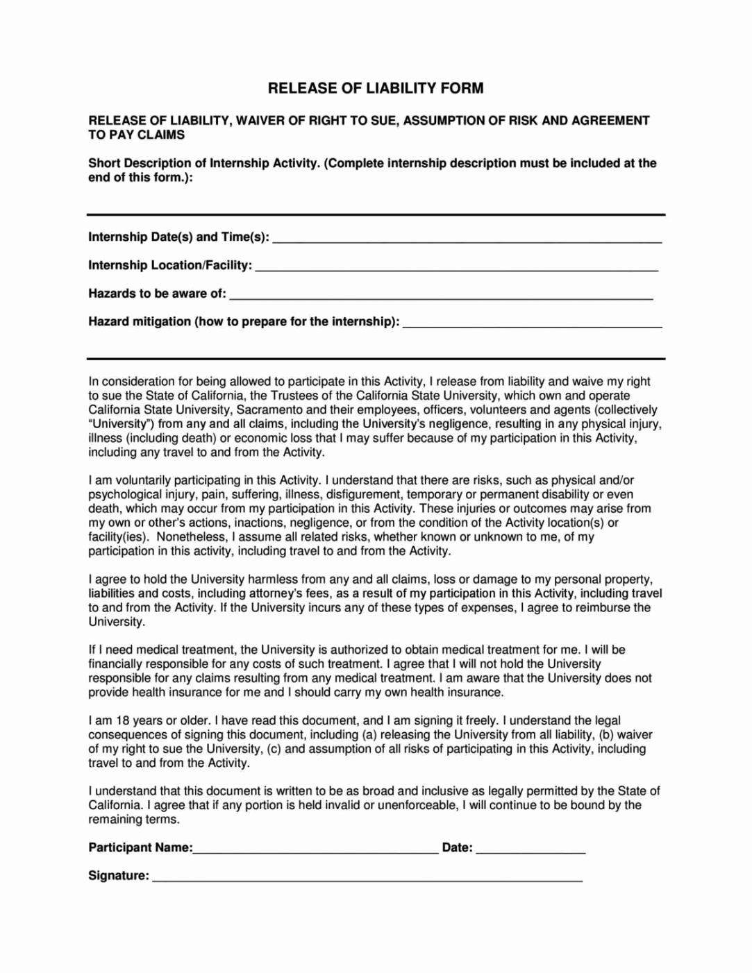 General Liability Release form Template Sampletemplatess