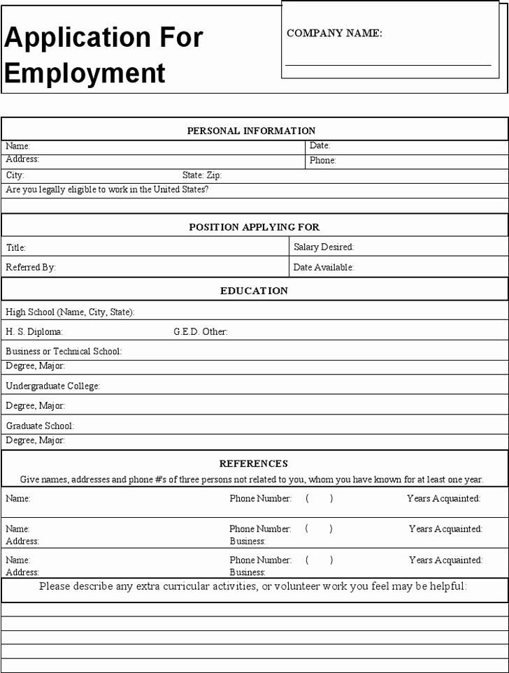 Generic Application for Employment Template Free