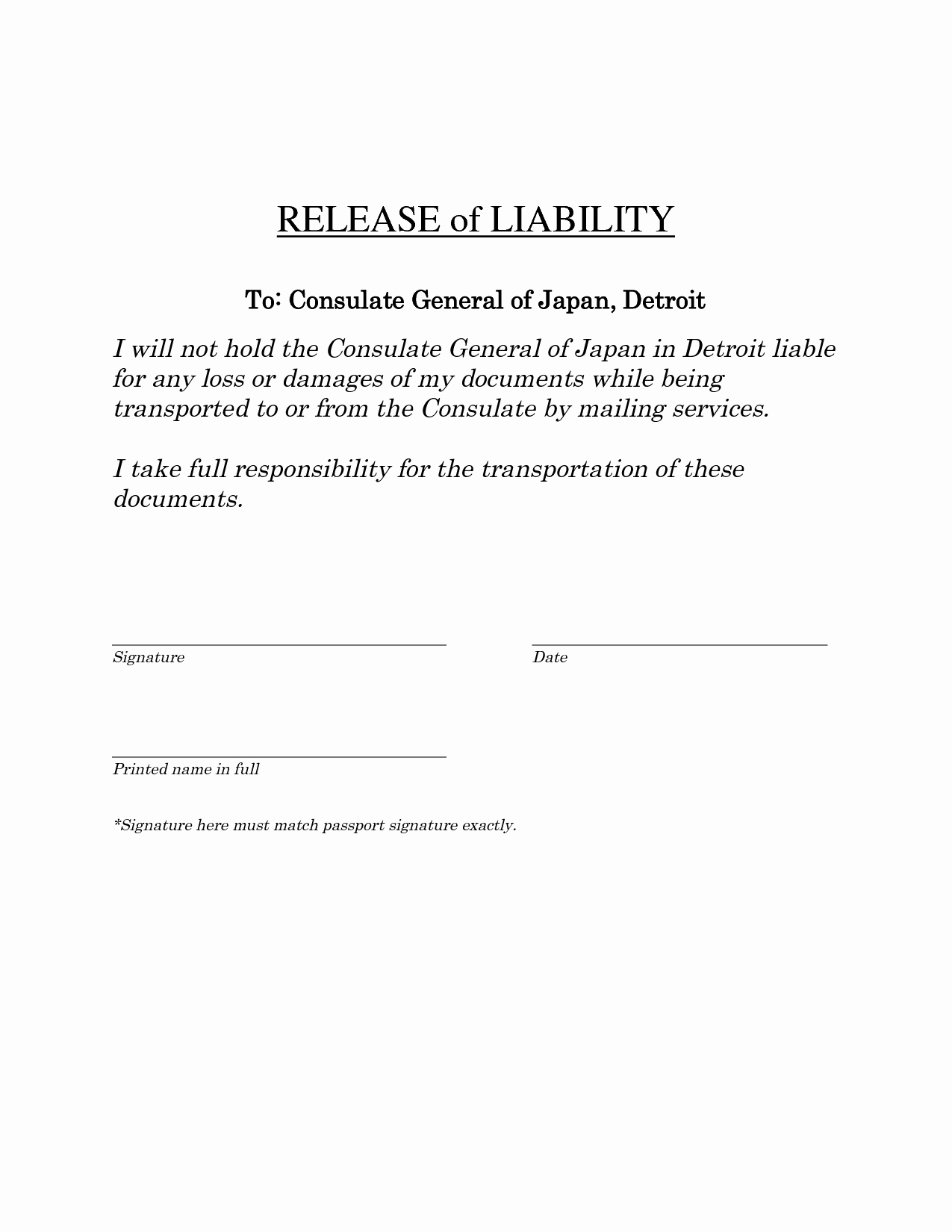 Generic Liability Waiver and Release form