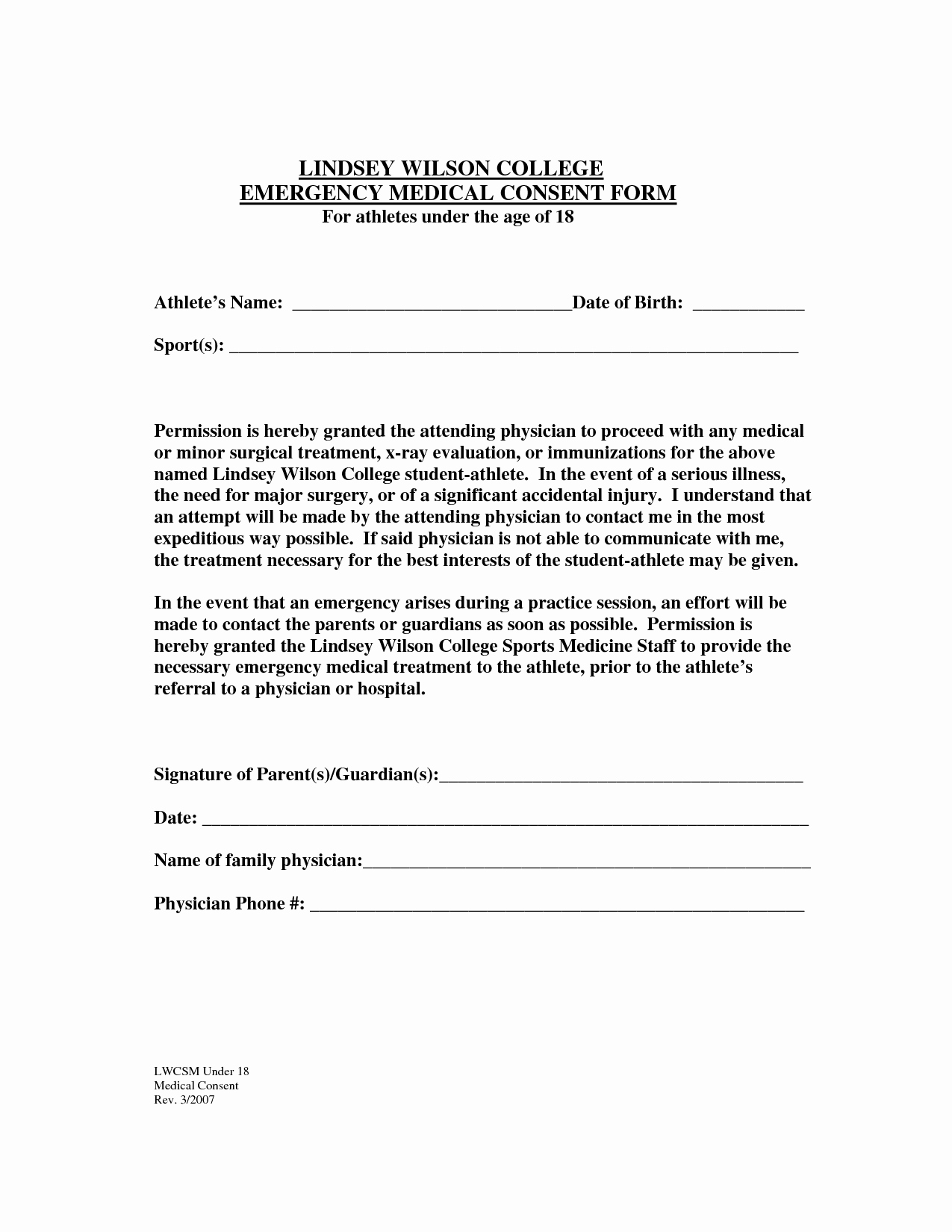 Generic Medical Consent form for Minor